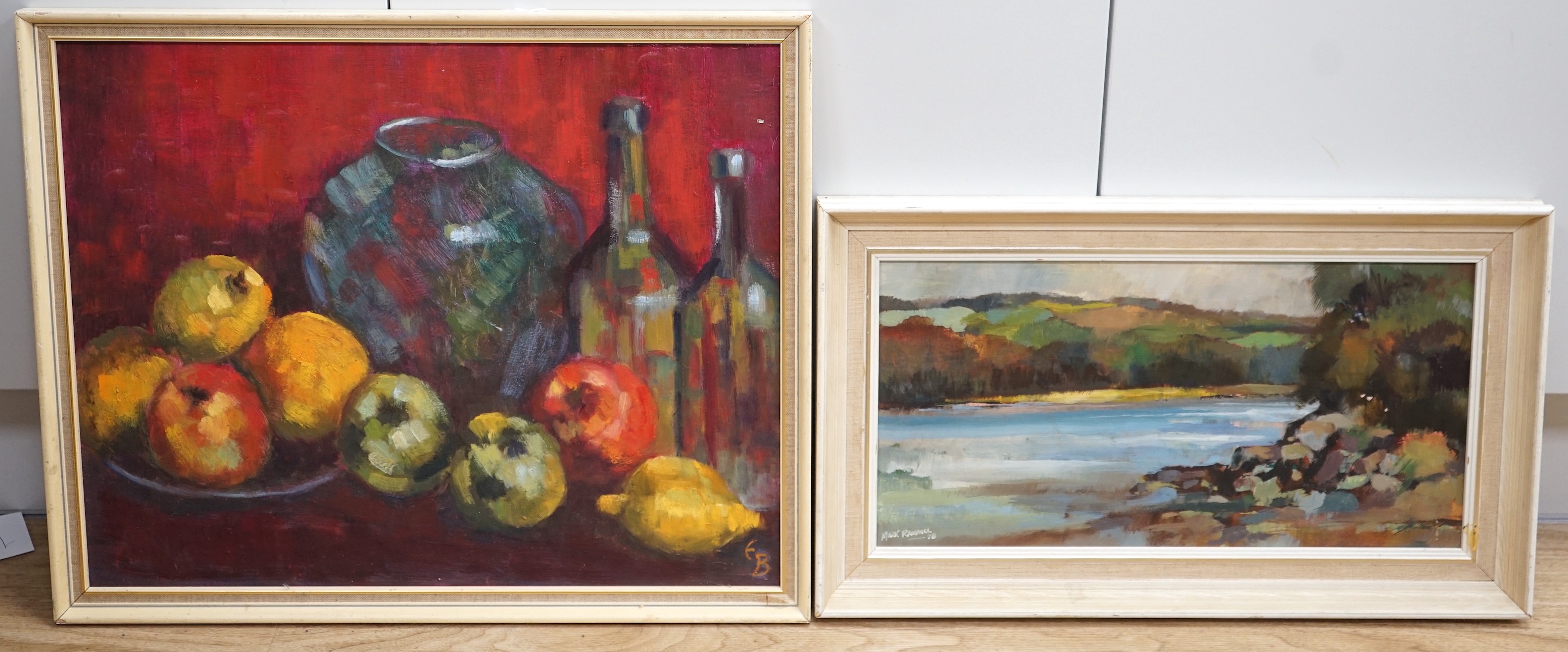 Mark Randall (1921-2011), oil on board, 'Across the bay at Laugharne', signed and dated '78, 21 x 42cm and an oil still life, initialled EB, 40 x 50cm